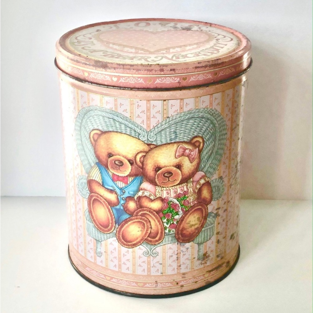 Vintage Teddy Heart Pink Steel Canister w Lid LOVE IS A BEAR NECESSITY Tin 7.5"